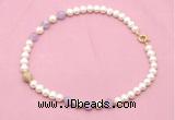 CFN709 9mm - 10mm potato white freshwater pearl & lavender amethyst necklace