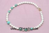 CFN722 9mm - 10mm potato white freshwater pearl & amazonite necklace