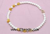 CFN729 9mm - 10mm potato white freshwater pearl & yellow banded agate necklace