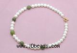 CFN741 9mm - 10mm potato white freshwater pearl & China jade necklace