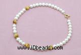 CFN765 9mm - 10mm potato white freshwater pearl & golden tiger eye necklace