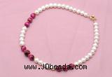 CFN767 9mm - 10mm potato white freshwater pearl & red tiger eye necklace