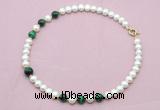 CFN768 9mm - 10mm potato white freshwater pearl & green tiger eye necklace