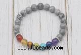 CGB6234 8mm grey picture jasper 7 chakra beaded mala stretchy bracelets