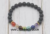 CGB6296 8mm black lava 7 chakra beaded mala stretchy bracelets