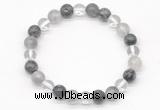 CGB8022 8mm white crystal, cloudy quartz & black labradorite beaded stretchy bracelets