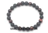 CGB8095 8mm black lava, matte black agate & red tiger eye beaded stretchy bracelets