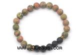 CGB8296 8mm matte unakite & black lava beaded mala stretchy bracelets