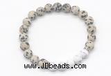 CGB8298 8mm matte dalmatian jasper & matte white howlite beaded mala stretchy bracelets