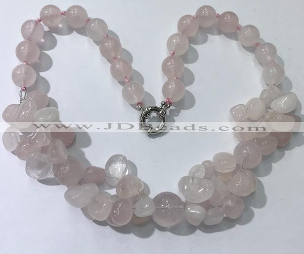 CGN370 19.5 inches round & chips rose quartz beaded necklaces