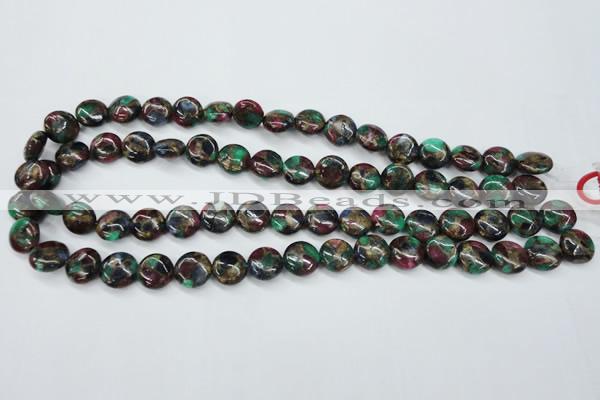 CGO32 15.5 inches 12mm flat round gold multi-color stone beads