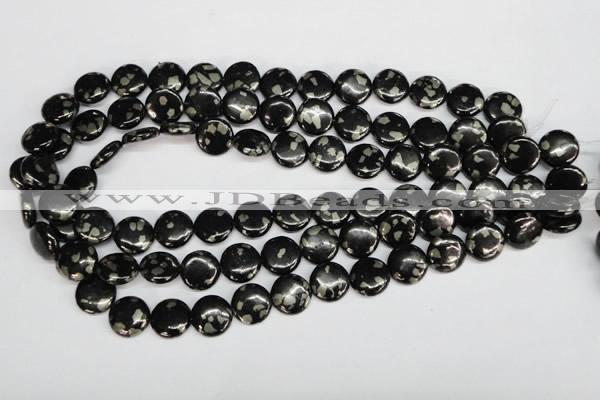 CJB158 15.5 inches 14mm flat round natural jet & pyrite gemstone beads