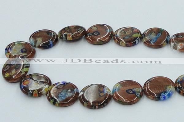 CLG555 16 inches 20mm flat round goldstone & lampwork glass beads