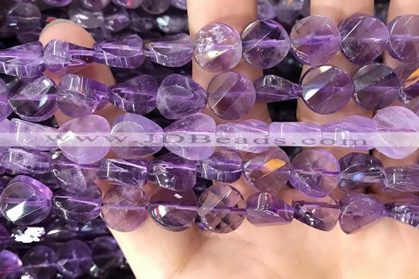 CNA1110 15.5 inches 12mm twisted & faceted coin amethyst beads