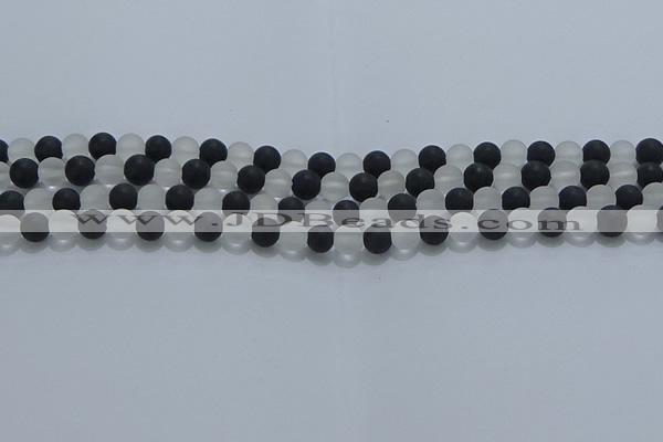 CNC111 15.5 inches 6mm round matte white crystal & black agate beads