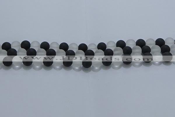 CNC112 15.5 inches 8mm round matte white crystal & black agate beads