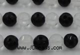 CNC87 15.5 inches 10mm carved round matte white crystal & black agate beads