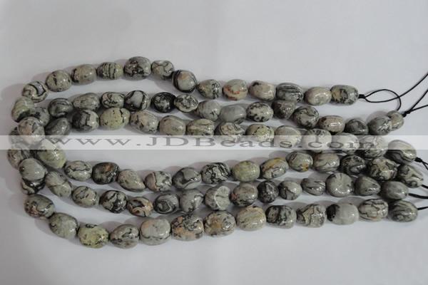 CNG557 15.5 inches 10*14mm nuggets grey picture jasper beads