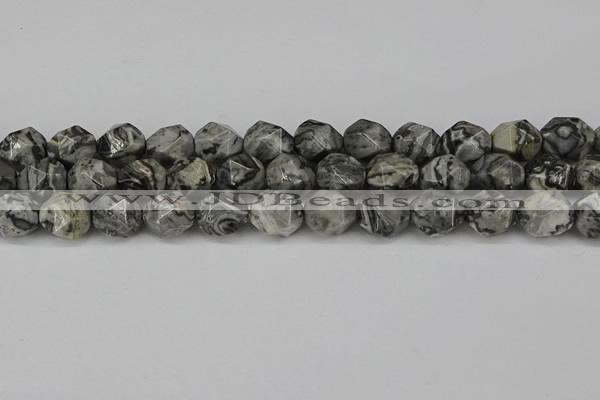 CNG6054 15.5 inches 12mm faceted nuggets grey picture jasper beads