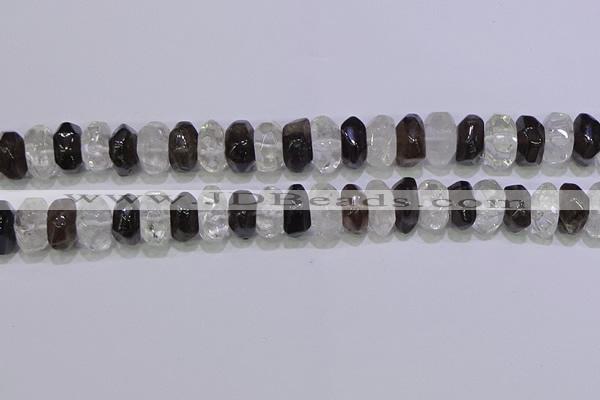 CNG6380 6*14mm - 8*14mm nuggets white crystal & smoky quartz beads