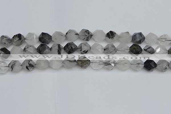 CNG7248 15.5 inches 12mm faceted nuggets black rutilated quartz beads