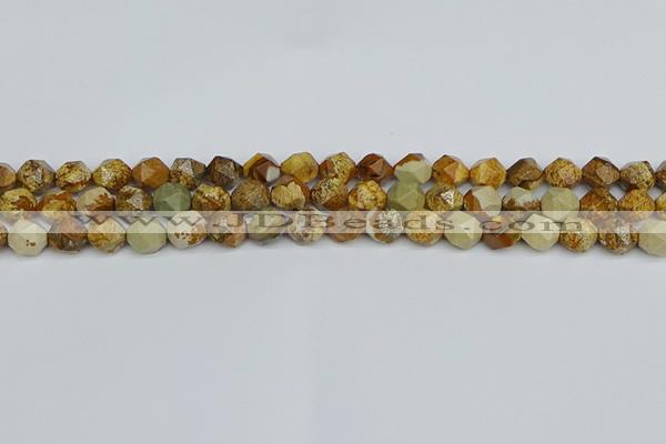 CNG7376 15.5 inches 8mm faceted nuggets picture jasper beads