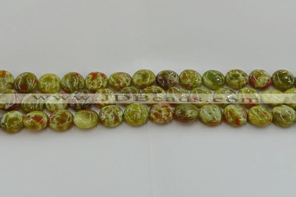 CNS624 15.5 inches 15mm flat round green dragon serpentine jasper beads