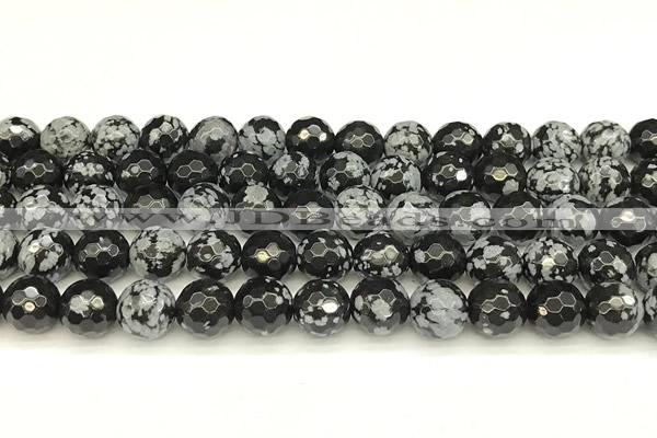 COB773 15 inches 12mm faceted round snowflake obsidian beads