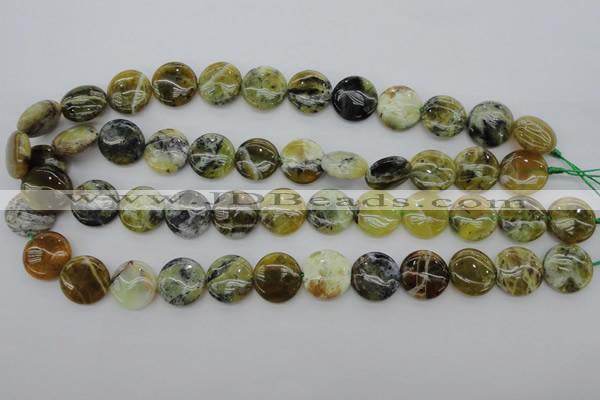 COP595 15.5 inches 16mm flat round natural yellow & green opal beads