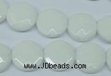 CPB302 15 inches 14mm faceted coin white porcelain beads