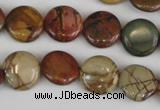 CPJ351 15.5 inches 14mm flat round picasso jasper gemstone beads