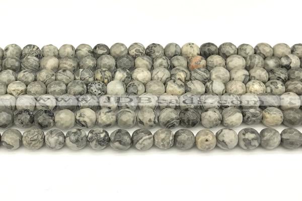 CPJ725 15 inches 6mm faceted round grey picture jasper beads