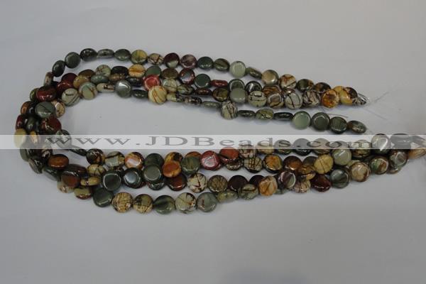 CPJ74 15.5 inches 10mm flat round picasso jasper gemstone beads