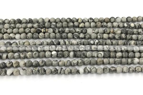 CPJ740 15 inches 4mm round matte grey picture jasper beads