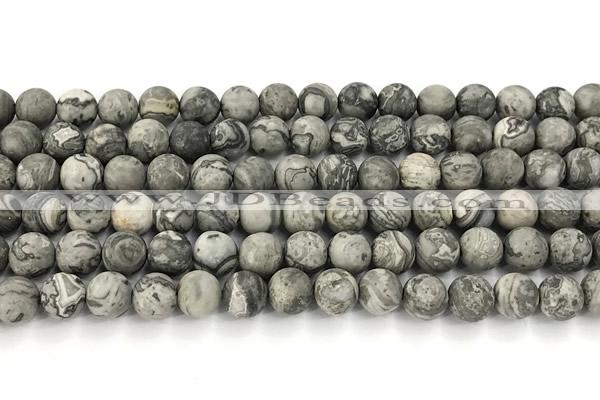 CPJ742 15 inches 8mm round matte grey picture jasper beads