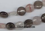 CPQ101 10mm flat round natural pink crystal & smoky quartz beads