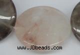 CPQ104 35mm flat round natural pink crystal & smoky quartz beads