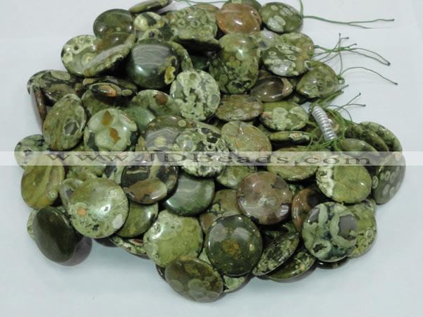 CPS39 15.5 inches 20mm flat round green peacock stone beads