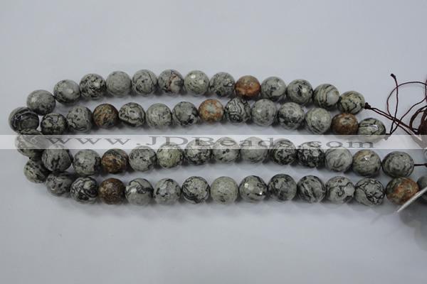 CPT115 15.5 inches 14mm faceted round grey picture jasper beads