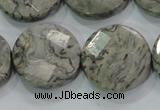 CPT126 15.5 inches 25mm faceted coin grey picture jasper beads