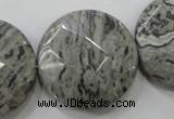 CPT127 15.5 inches 30mm faceted coin grey picture jasper beads