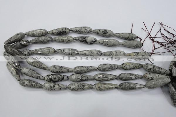 CPT137 15.5 inches 10*30mm faceted teardrop grey picture jasper beads