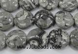 CPT164 15.5 inches 14mm flat round grey picture jasper beads