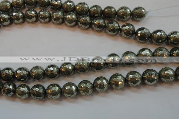 CPY109 15.5 inches 12mm faceted round pyrite gemstone beads wholesale