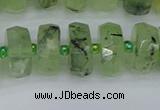 CRB1353 15.5 inches 7*14mm faceted rondelle green rutilated quartz beads