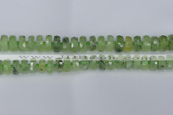 CRB1353 15.5 inches 7*14mm faceted rondelle green rutilated quartz beads