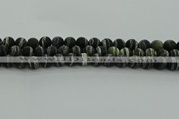 CRO1124 15.5 inches 12mm round matte green silver line jasper beads