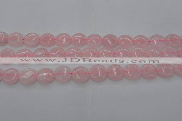 CRQ602 15.5 inches 15mm flat round rose quartz beads wholesale