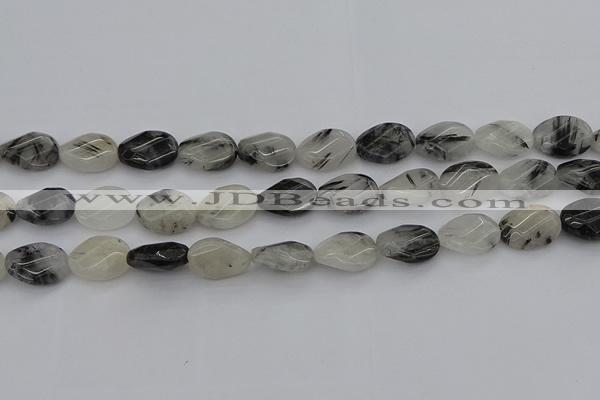 CRU354 13*18mm twisted & faceted oval black rutilated quartz beads