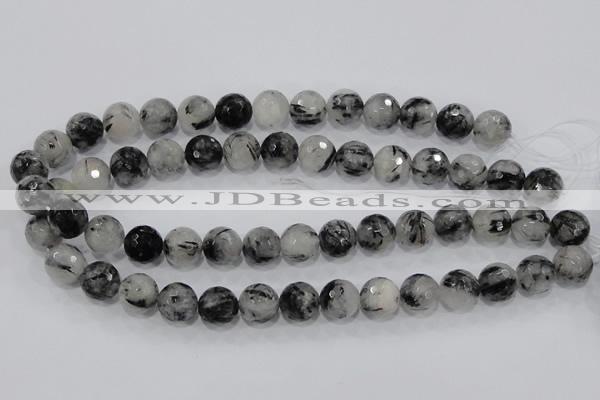 CRU61 15.5 inches 14mm faceted round black rutilated quartz beads